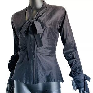 NWT LBK Cotton Silk Bow Black Blouse Tops France T38 S Zip Ruched Sleeve Bow